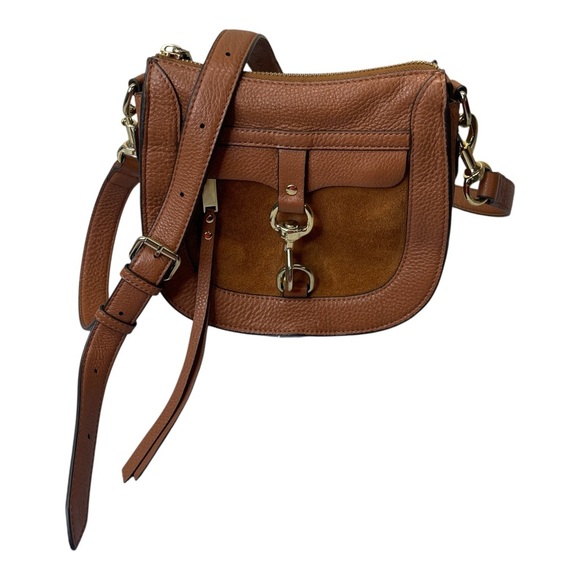 Rebecca Minkoff Gold Dog Clip Brown Leather Suede Small Saddle Crossbody Purse - Picture 1 of 17